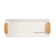 S'more Icon Tray Set with figures of hotdogs on the edge and the text rankly speaking