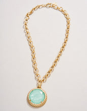 Load image into Gallery viewer, Karina Round Necklace 19" Ocean Blue large blue pendant with gold chain
