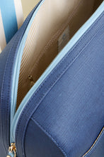 Load image into Gallery viewer, Spartina 449 Armada Duffle Navy Blue Stripe close up showing zipper

