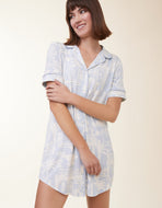 person in a Spartina 449 Pajama Short Sleeve Sleep Shirt Palm Scene Blue