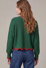 Load image into Gallery viewer, woman in the Long Sleeve Scallop Hem Christmas Sweater  - Green paired with blue jeans
