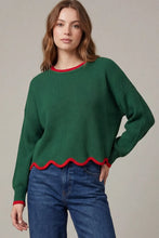 Load image into Gallery viewer, woman in the Long Sleeve Scallop Hem Christmas Sweater  - Green paired with blue jeans
