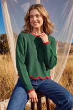 Load image into Gallery viewer, woman in the Long Sleeve Scallop Hem Christmas Sweater  - Green paired with blue jeans

