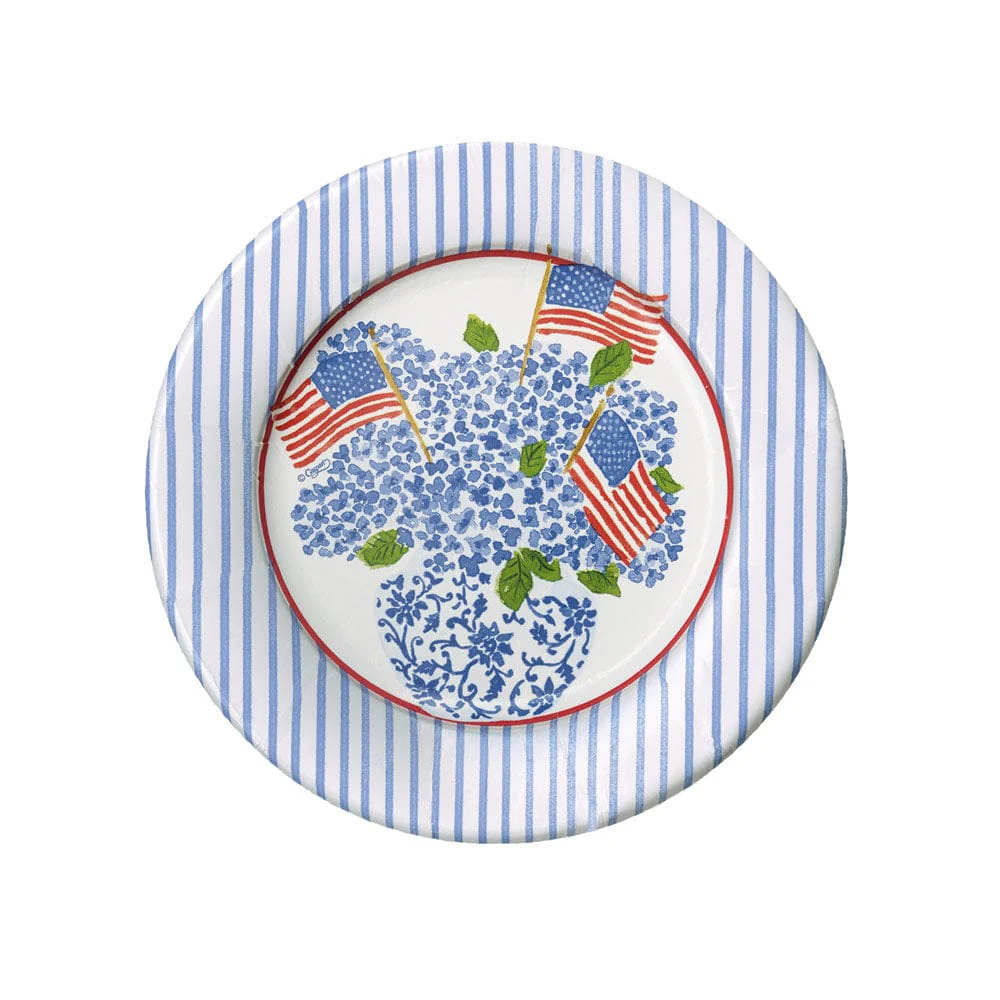 Caspari Flags And Hydrangeas Salad/dessert Plates - 8 Per Package