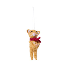 Load image into Gallery viewer, Hand-Crafted Felt Ornament cat holding a kitten and wearing a red scarf
