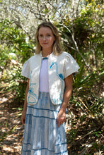 Load image into Gallery viewer, woman in white short sleeve jacket with embroidery birds blue
