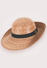 Load image into Gallery viewer, tan woven palm hat with black band and asymmetrical brim
