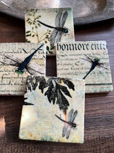 Load image into Gallery viewer, four coasters in dragonfly motifs some with old fashion text
