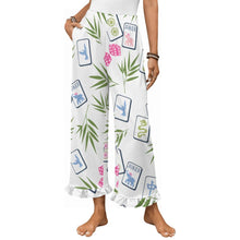 Load image into Gallery viewer, white pants with Mahjong &amp; Palm Ruffle print and ruffles along the hem
