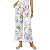 white pants with Mahjong & Palm Ruffle print and ruffles along the hem