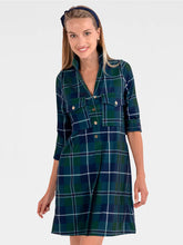 Load image into Gallery viewer, woman wearing Alli Dress Melville Tartan a green blue and white plaid 

