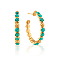 Capucine de Wulf Berry Gem Medium Hoop Earrings - Turquoise showing pattern of three stones interspersed with gold berries 