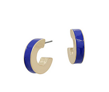 Load image into Gallery viewer, Gold and blue hoop earrings on a white background
