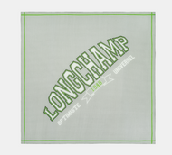 Longchamp Le Pliage University Scarf in grey green and white text reads Longchamp optimiste 1948 universel