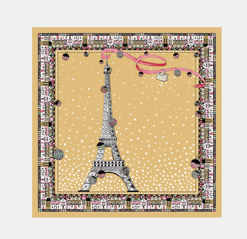 Longchamp Soie Silk Tour Eiffel Scarf 50x50 Wheat 