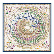 Longchamp Pearl Necklace Silk Scarf tan scarf with images of beads in green purple and gold with stylized text Longchamp in navy
