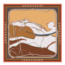 Load image into Gallery viewer, Longchamp Soie A Toute Allure Silk Scarf 90x90 in shades of tans and browns
