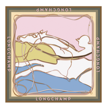 Load image into Gallery viewer, Longchamp Soie A Toute Allure Silk Scarf 90x90 in shades of cream, pink white yellow and blue

