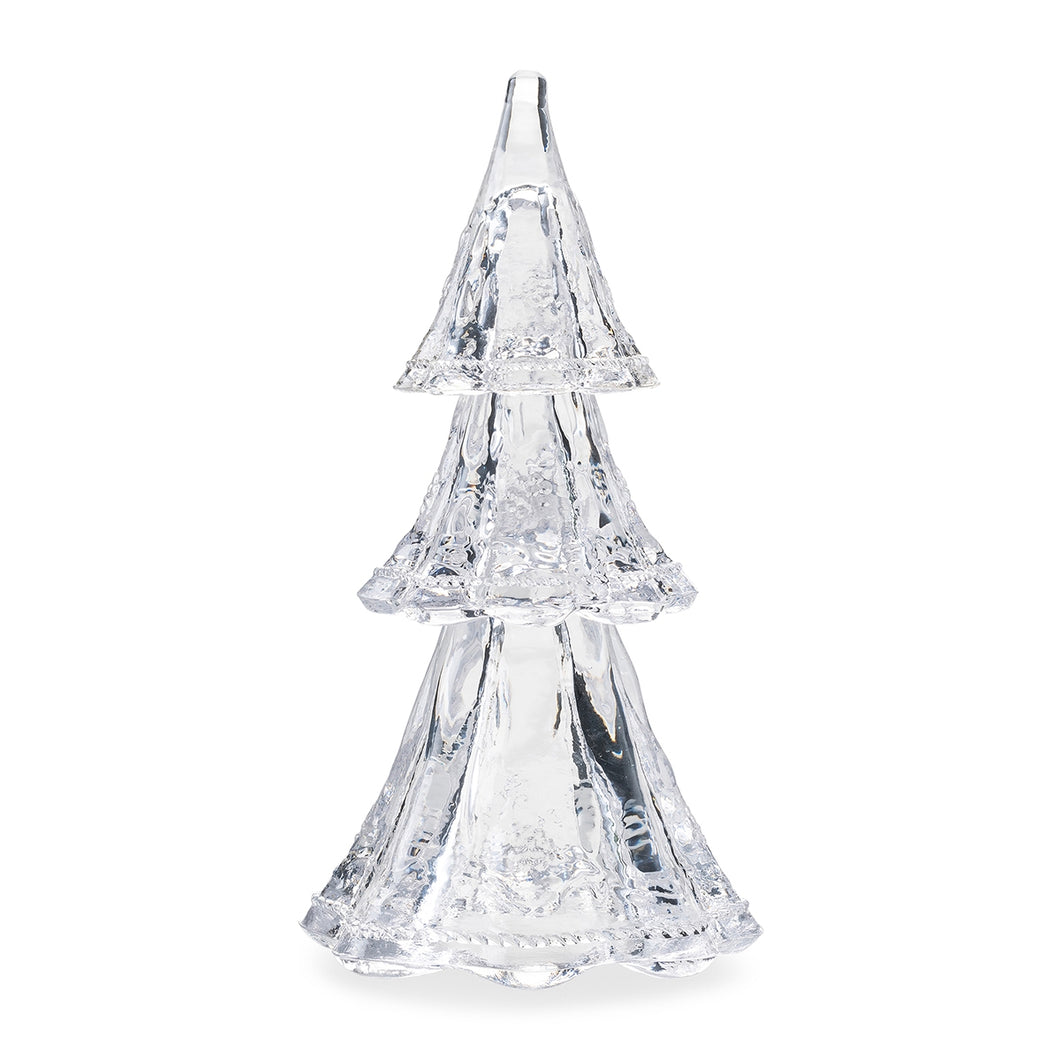 Clear glass tree with three levels each level slightly smaller than the one below it