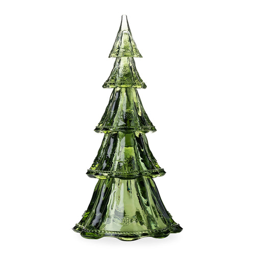 Green glass tree with five levels each level slightly smaller than the one below it