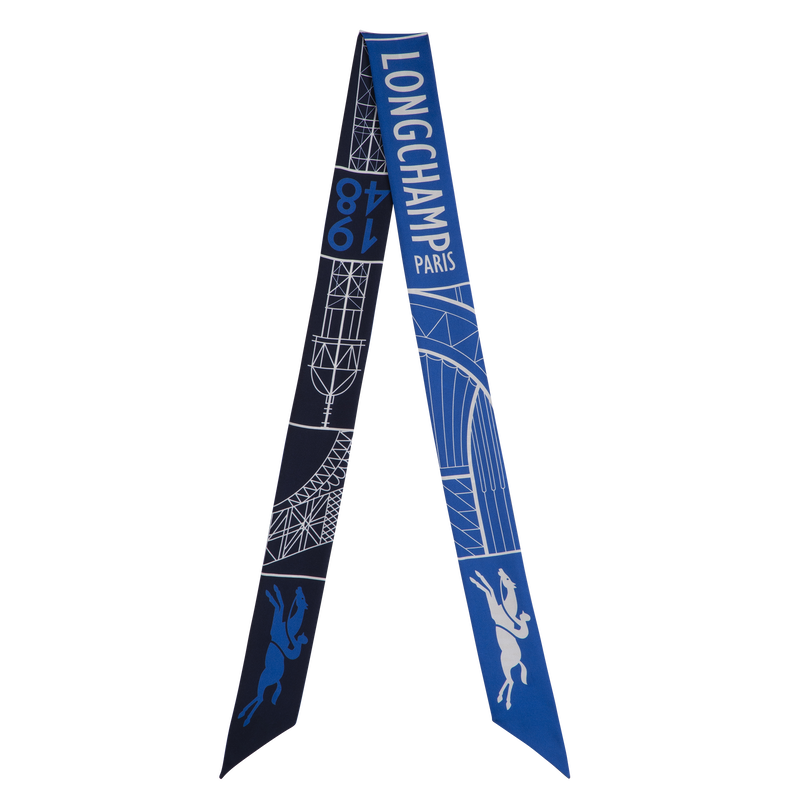 blue and black scarf with longchamp Paris 1984 graphic 