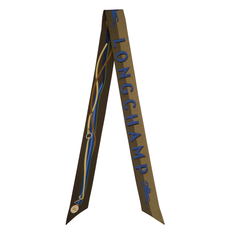 Longchamp A Toute Allure Full Spreed Silk Headband Bandana in Olive greens with blue Longchamp text and logos