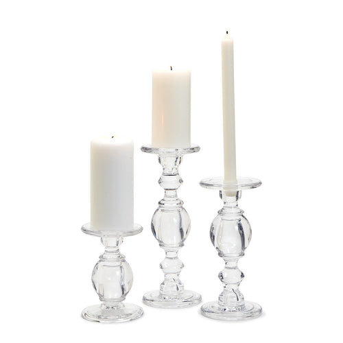 High-Glass Pedestal Candleholders with pillar and taper candles