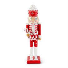 Load image into Gallery viewer, Red and White Wood Nutcracker holding a candycane
