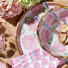 Load image into Gallery viewer, Pink Hydrangea Hand-Crafted Wood Round Tray on a table with matching items 
