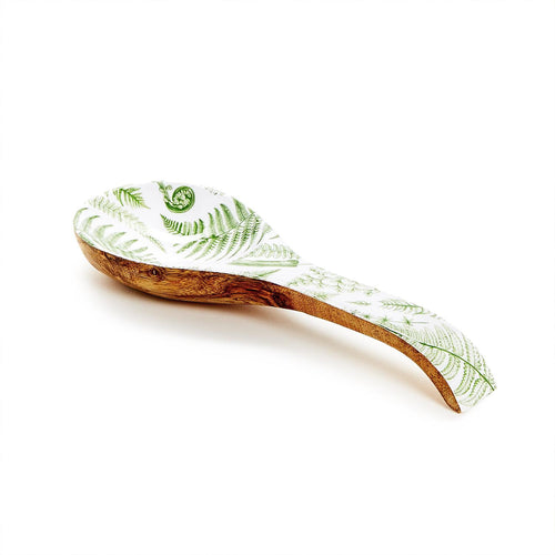 wood spoon rest with white and green pattern