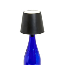 Load image into Gallery viewer, Black Lampshade on a blue  wine bottle
