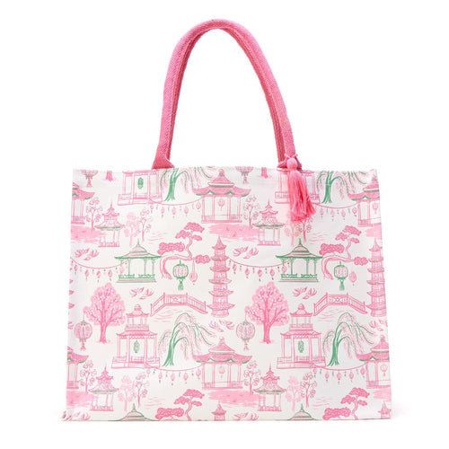 pink and green cloth tote