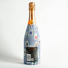 Load image into Gallery viewer, Champagne Bottle covered with the Pastel Blue Mahjong Champagne Bottle Wrap back view

