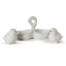 Load image into Gallery viewer, Birds Salt and Pepper Shakers with Nest Carrier with birds sitting outside the 'nest'
