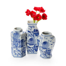 Load image into Gallery viewer, three Chrysanthemum Hand-Painted Blue and White Vase one with red flowers
