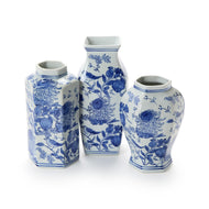 three Chrysanthemum Hand-Painted Blue and White Vases