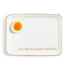 Load image into Gallery viewer, Deviled Egg Icon Trinket Tray with a deviled egg and the text The Devil wears paprika
