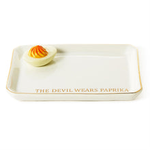 Load image into Gallery viewer, Deviled Egg Icon Trinket Tray with a deviled egg and the text The Devil wears paprika

