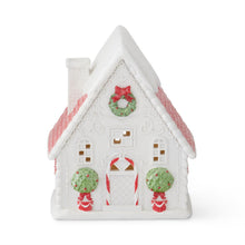 Load image into Gallery viewer, white house with red and green accents 
