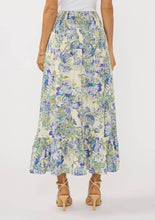 Load image into Gallery viewer, Convertible Smocked Skirt with a blue and pale green floral pattern against a cream colored background. The waist of the skirt is smocked. back view
