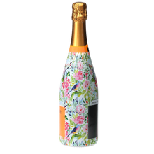 Load image into Gallery viewer, Champagne Bottle covered with the Springtime Serenade Champagne Bottle Wrap side view
