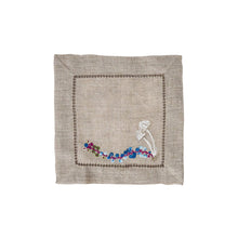 Load image into Gallery viewer, tan square napkins with an embroidered with mushrooms and berries 
