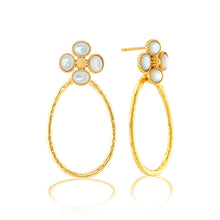 Load image into Gallery viewer, gold post earring with a clover shaped design using four white stones around a center gold berry, below the clover is a gold oval shaped hoop
