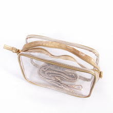 Load image into Gallery viewer, Bridget Clear Purse with Vegan Leather Trim and Straps - Gold top view with zipper
