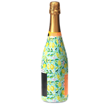 Load image into Gallery viewer, Champagne Bottle covered with the Preppy Lemons Champagne Bottle Wrap back view
