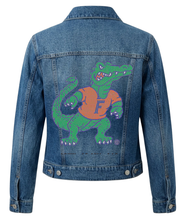 Load image into Gallery viewer, the back of a jean jacket with a  University of Florida Full Gator in green blue and orange
