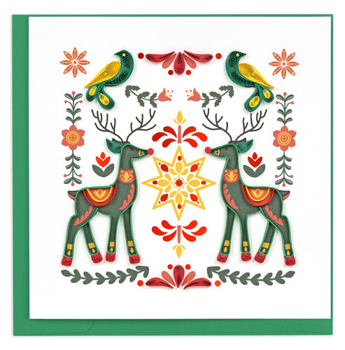 holiday card with quilled reindeer and birds in green and red with Scandinavian floral motifs 