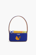 Load image into Gallery viewer, Mediterranean Sardine Hand-Beaded Shoulder Bag beaded back view with line and olive beaded on a blue background
