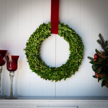 Load image into Gallery viewer, Preserved Boxwood Country Manor Wreath - Round  hanging from red ribbon

