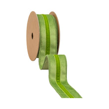 Load image into Gallery viewer, Wired Velvet 1 1/2" Green w/ Green Trim Ribbon on a spool showing velvet stripe down the center of the ribbon
